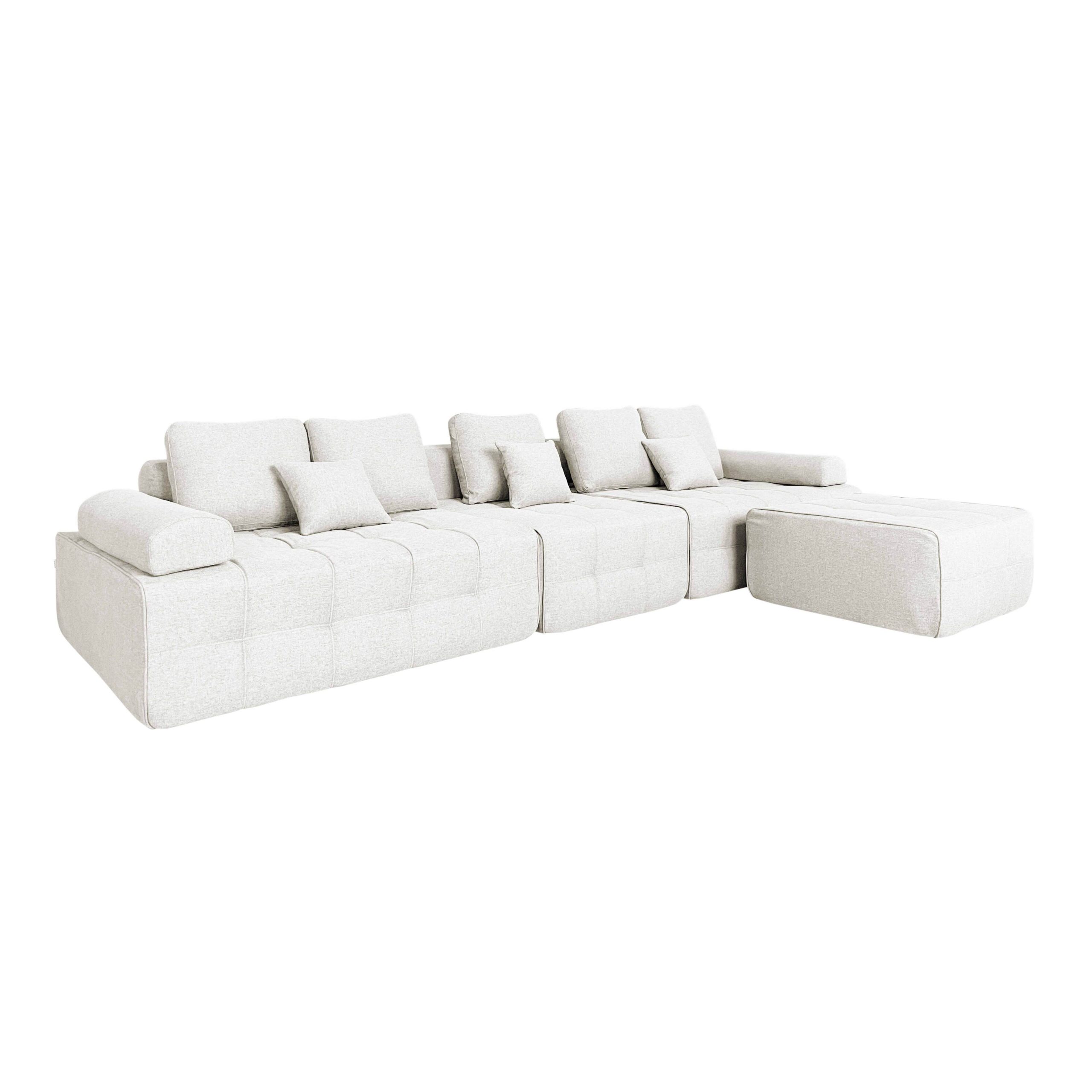 Canapé modulable 5 places en tissu avec pouf et coussins SNUGGY