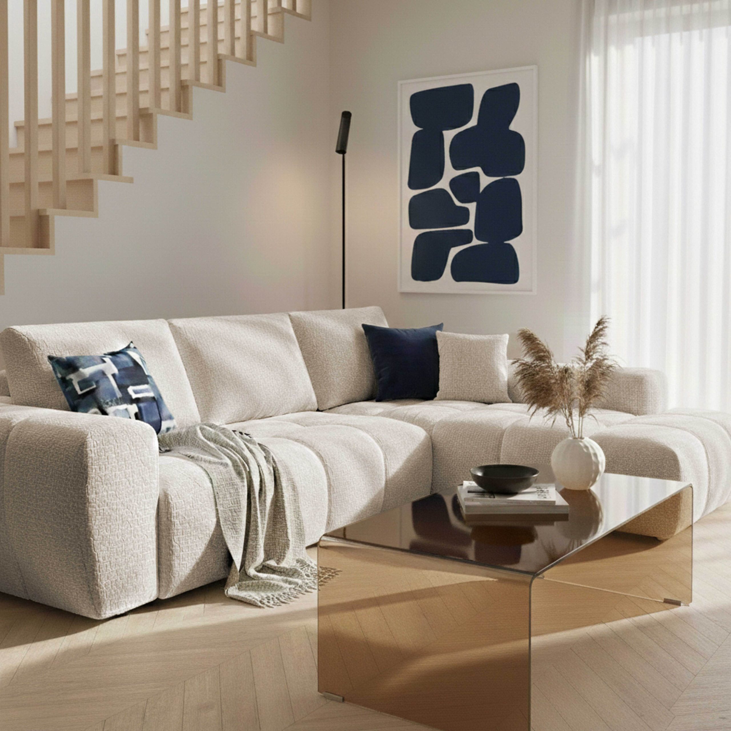 Canapé d'angle 3 places en tissu avec méridienne droite et coussins NEPTUNE